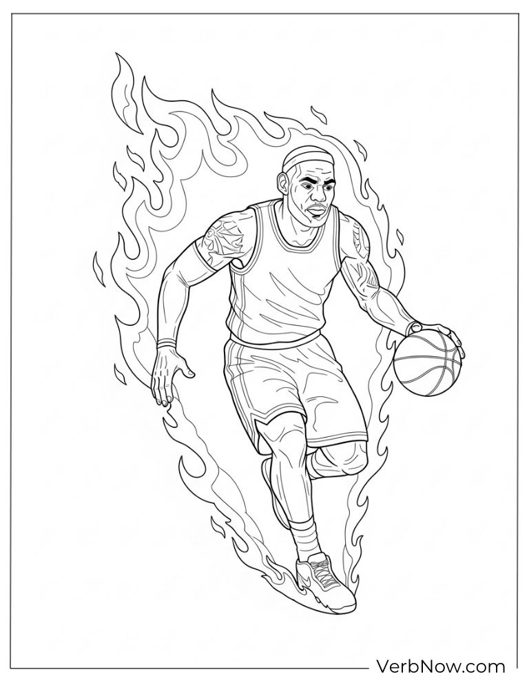 LeBron James dribbling with flames surrounding him