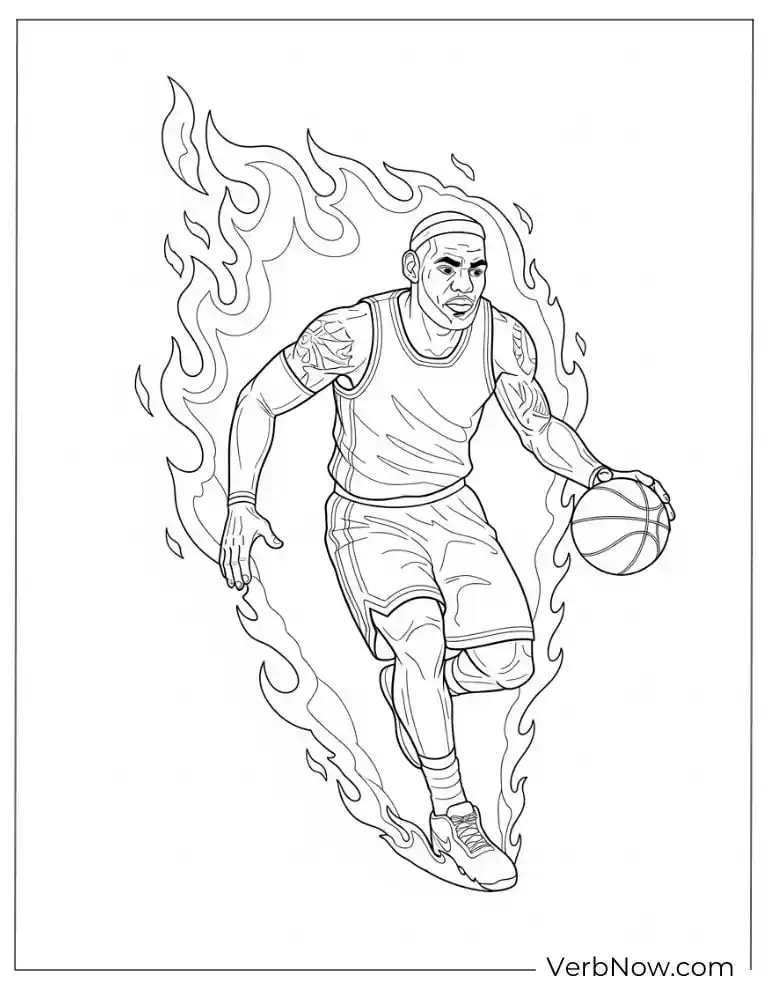 LeBron James dribbling with flames surrounding him