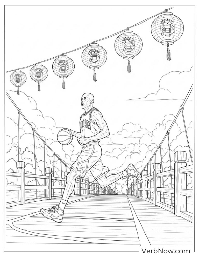 Michael Jordan dribbling on a bridge decorated with lanterns