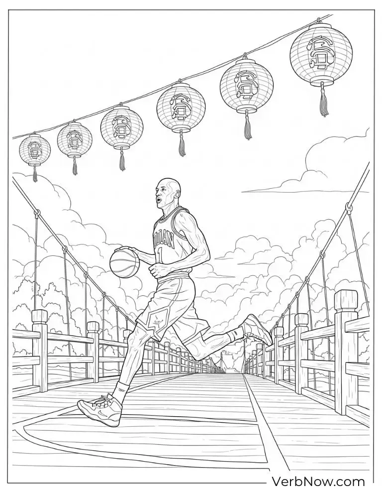 Michael Jordan dribbling on a bridge decorated with lanterns
