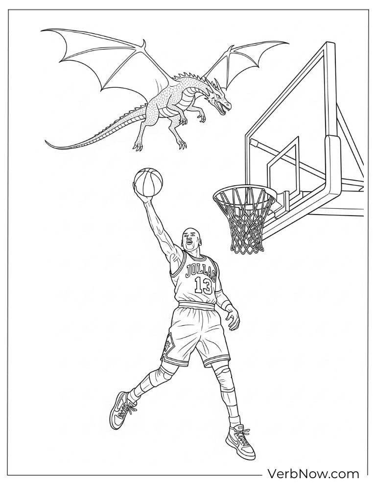 Michael Jordan making a slam dunk with a dragon flying