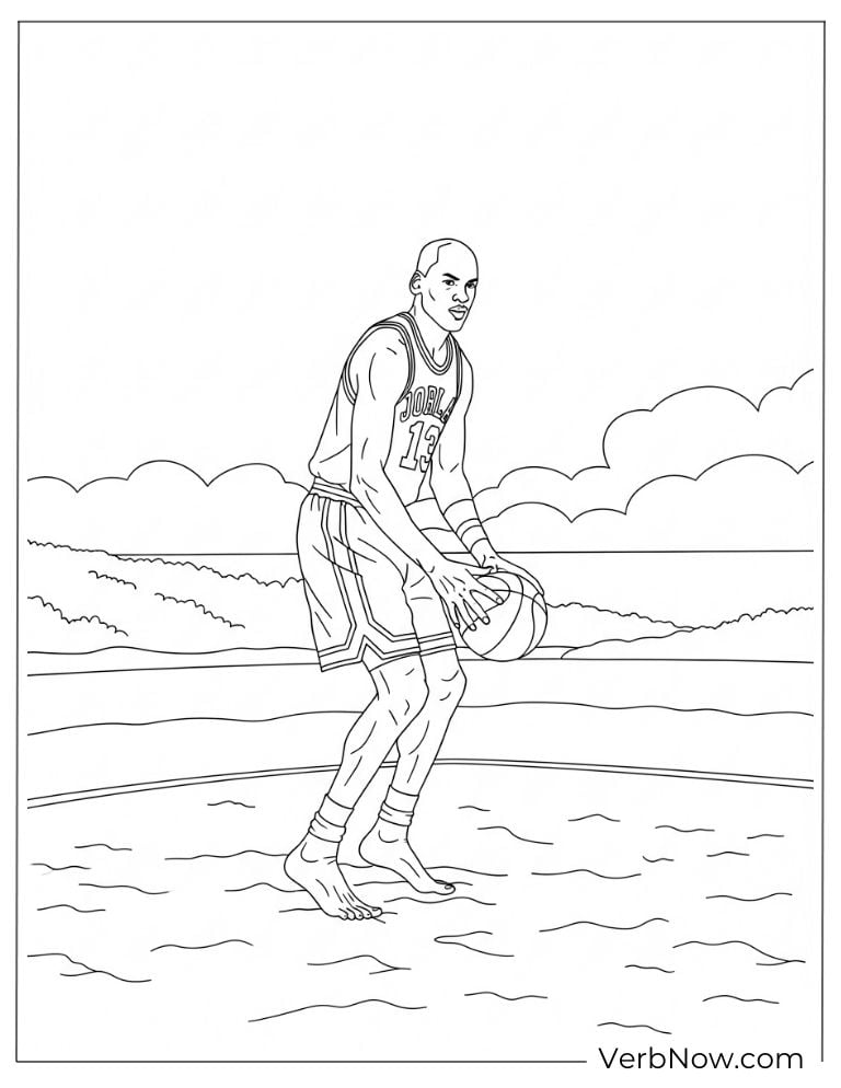 Michael Jordan dribbling outdoors with clouds in the sky