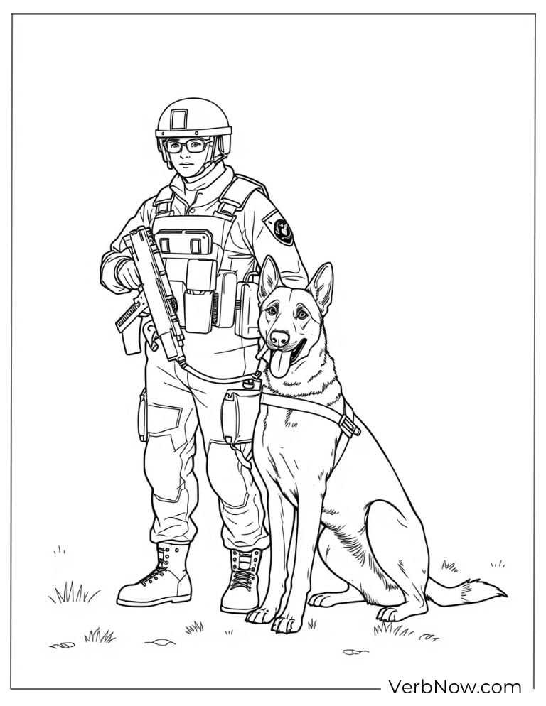 A soldier standing with a military dog