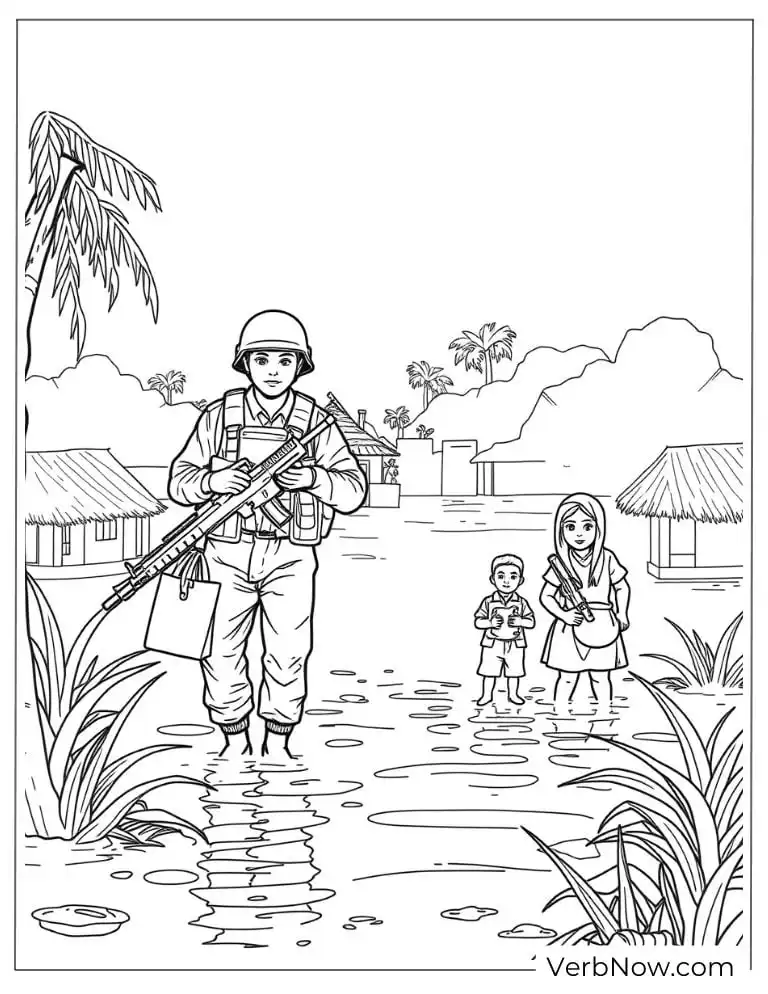 Soldier walking with children through a flooded village