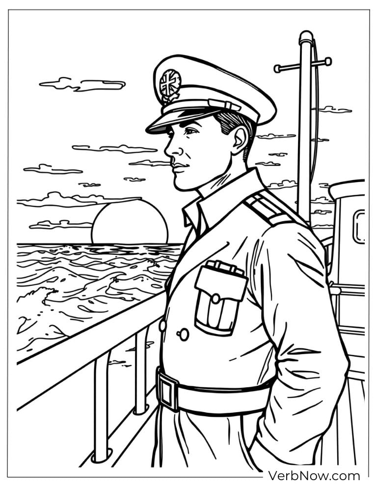 A naval officer standing on a ship at sunset