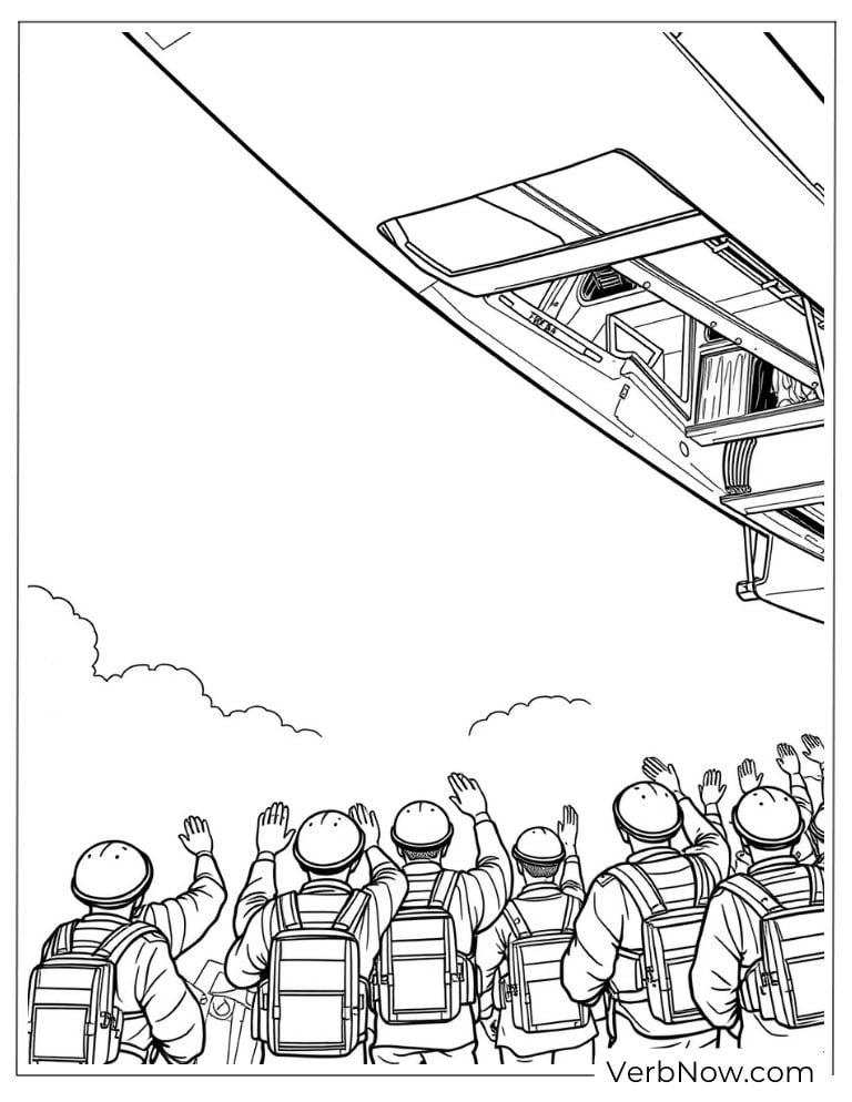 Soldiers waving at a plane flying above