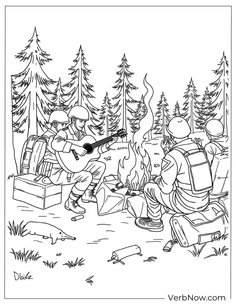 Soldiers sitting around a campfire with one playing guitar