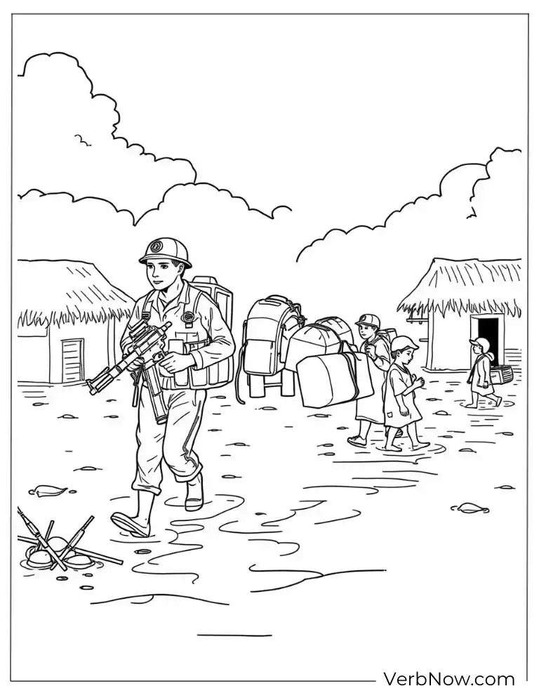 Soldiers marching through muddy terrain