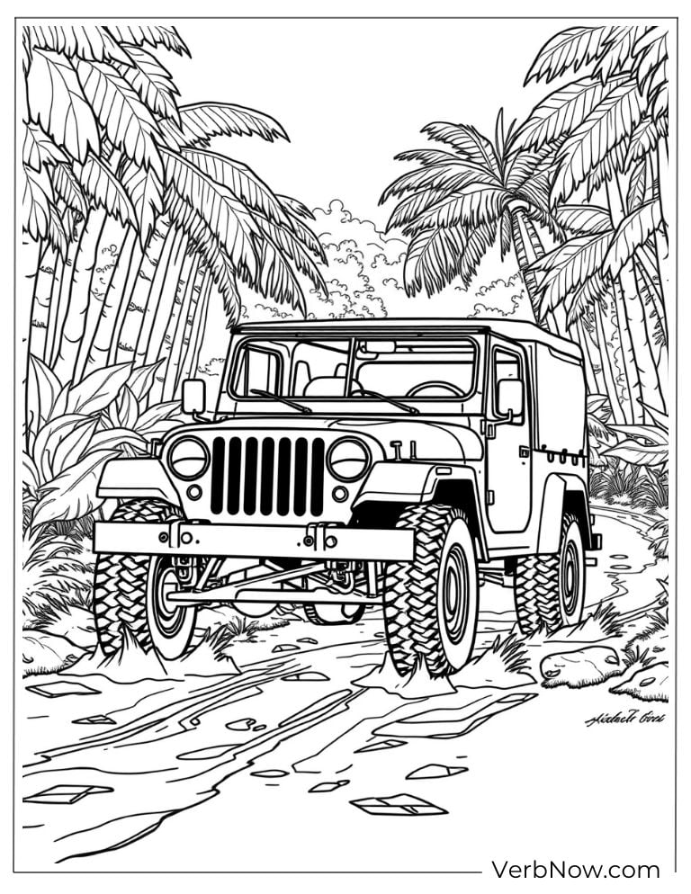 A military jeep driving along a jungle road