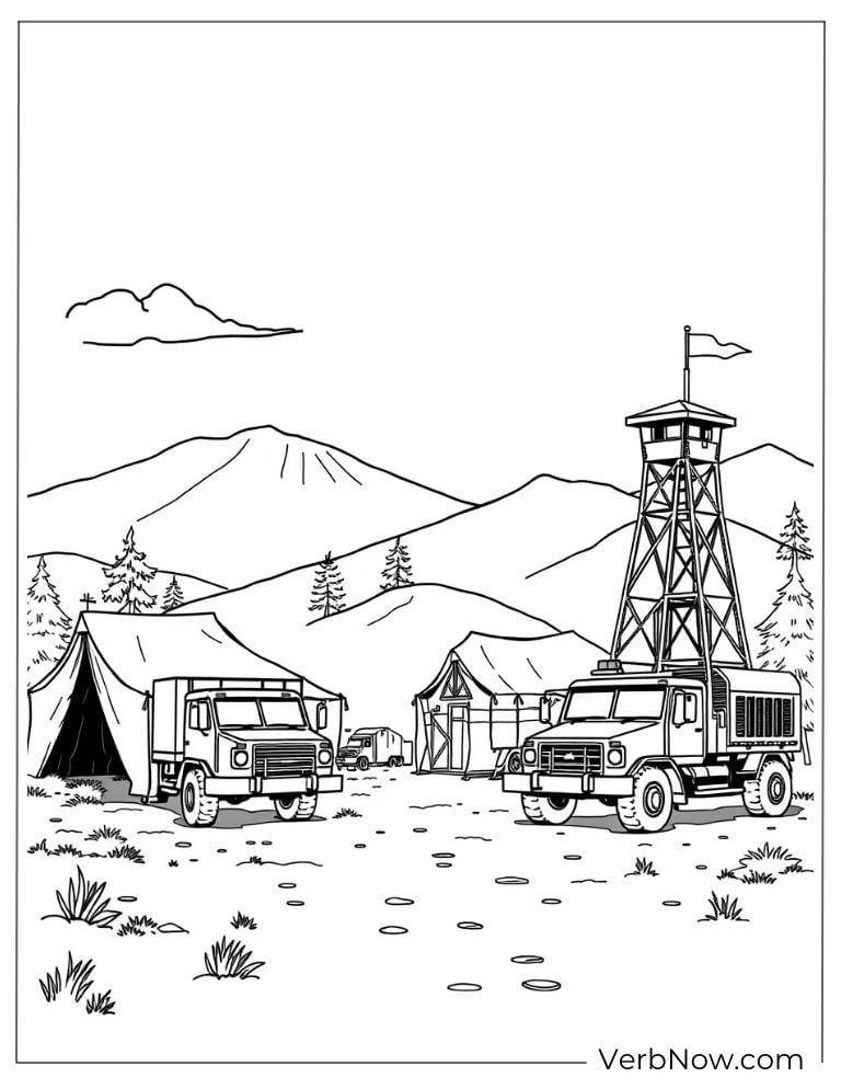A military base camp with trucks, tents, and a watchtower