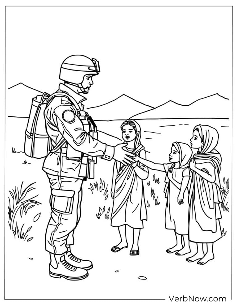 Soldier giving candy to children in a village