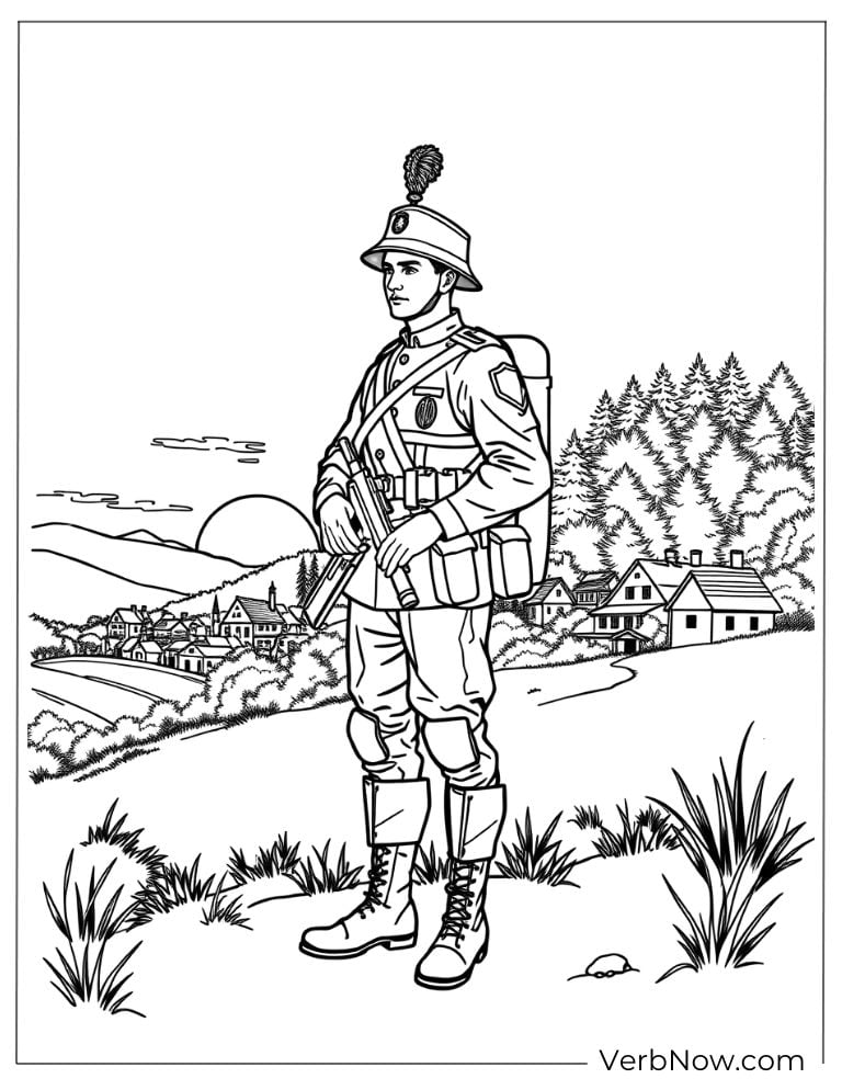 A soldier overlooking a town from a hill