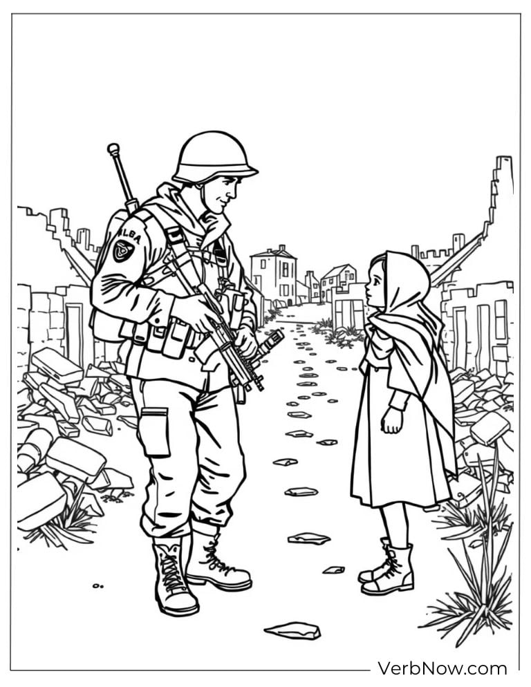 Soldier comforting a child in a ruined street