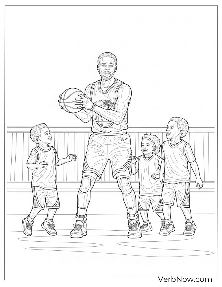 Coloring page of Stephen Curry teaching kids basketball