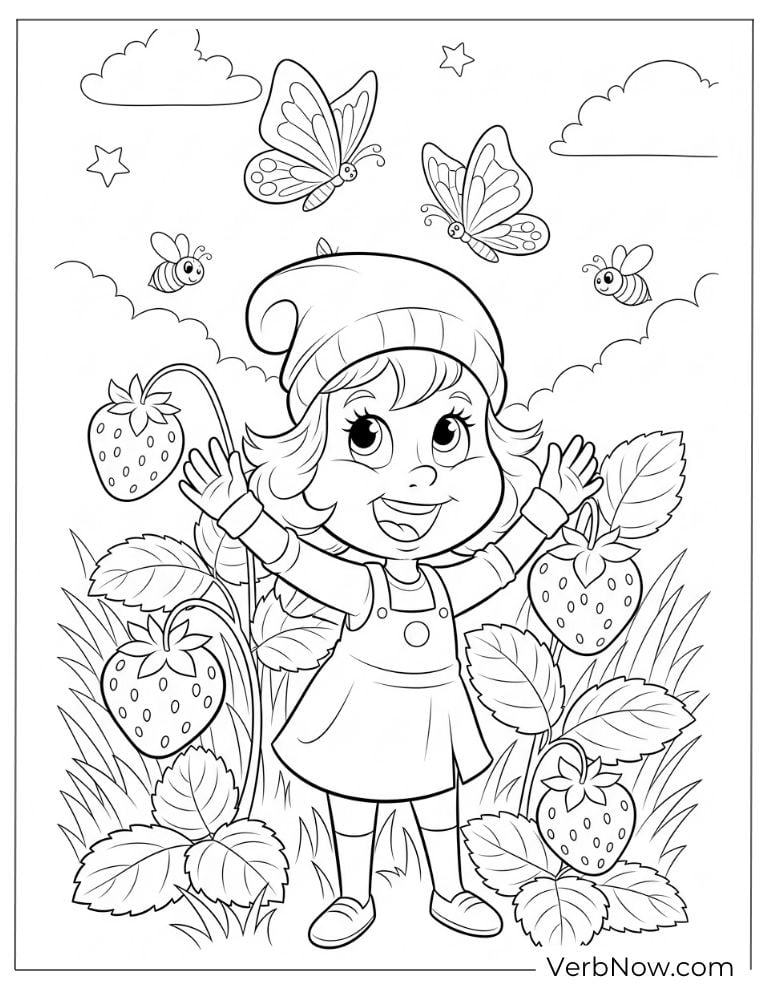 A girl smiling in a strawberry field with butterflies