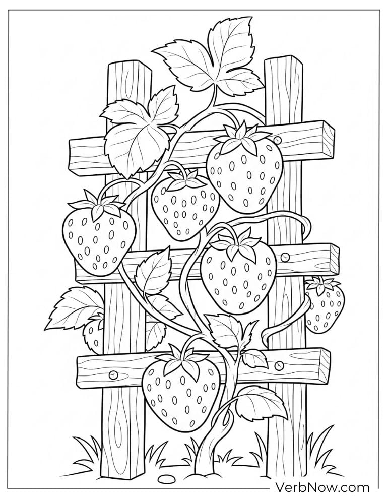 Strawberries growing on a wooden trellis