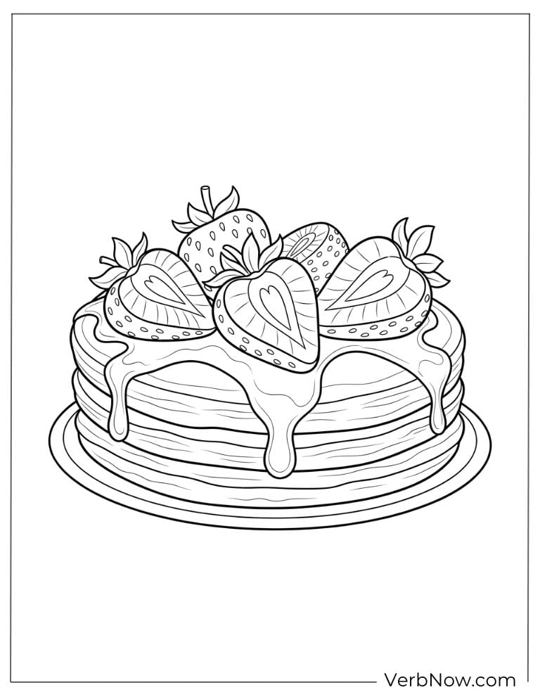 Pancakes topped with strawberries and syrup