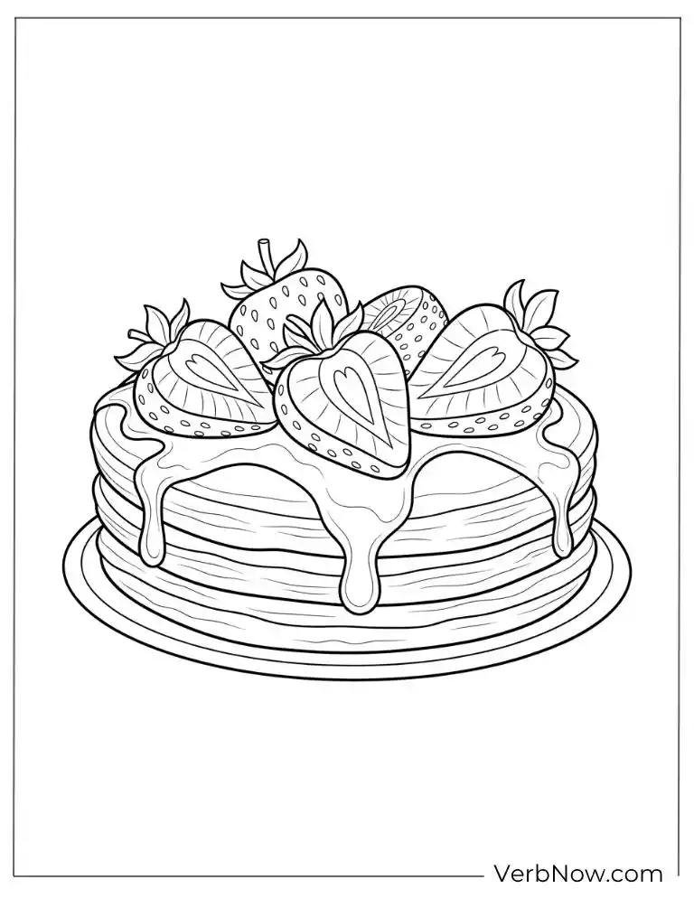 Pancakes topped with strawberries and syrup