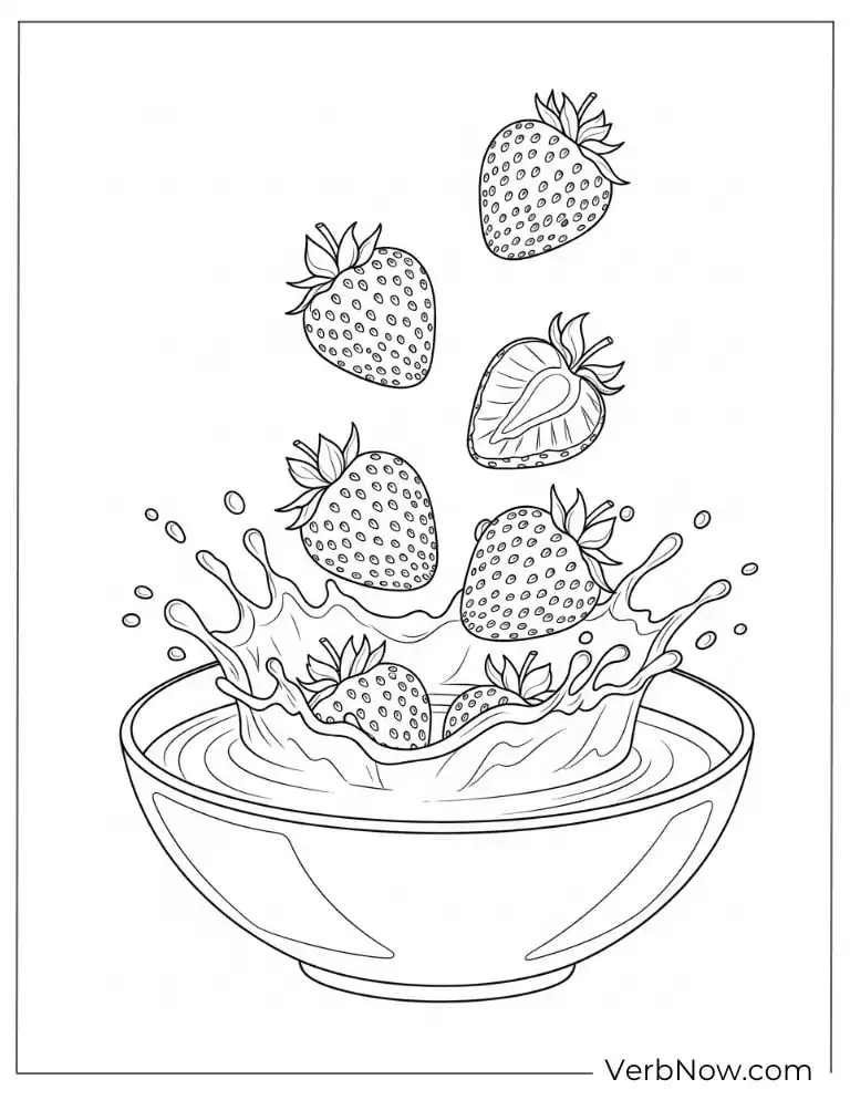 22 Free Strawberry Coloring Pages (100% Printable PDF) Strawberries splashing into a bowl