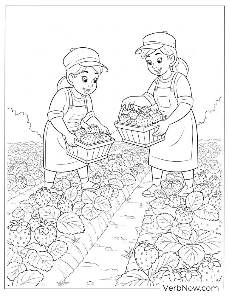 22 Free Strawberry Coloring Pages (100% Printable PDF) Two kids picking strawberries on a farm