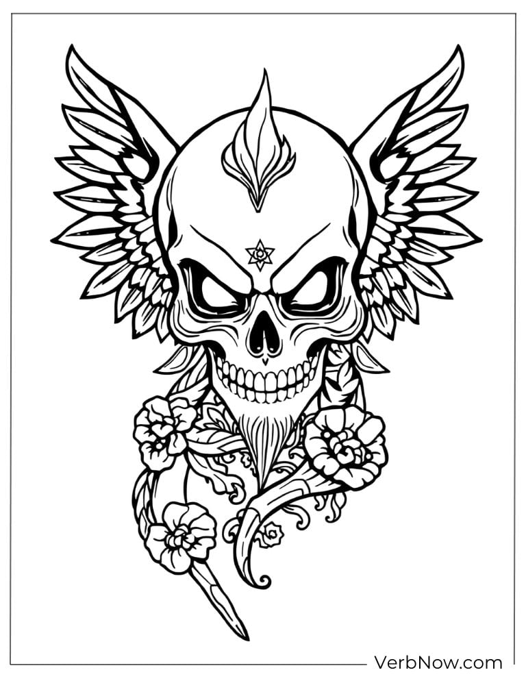 A skull with wings surrounded by flowers