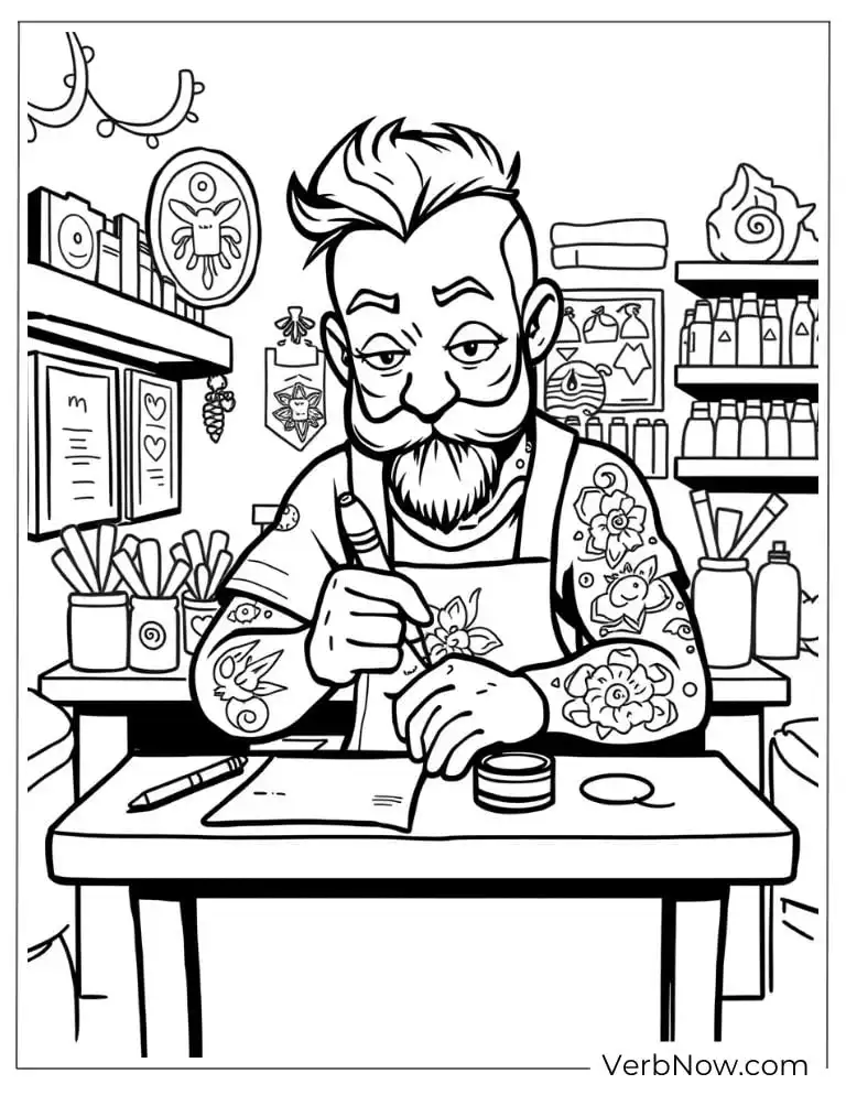 A tattoo artist working at a desk