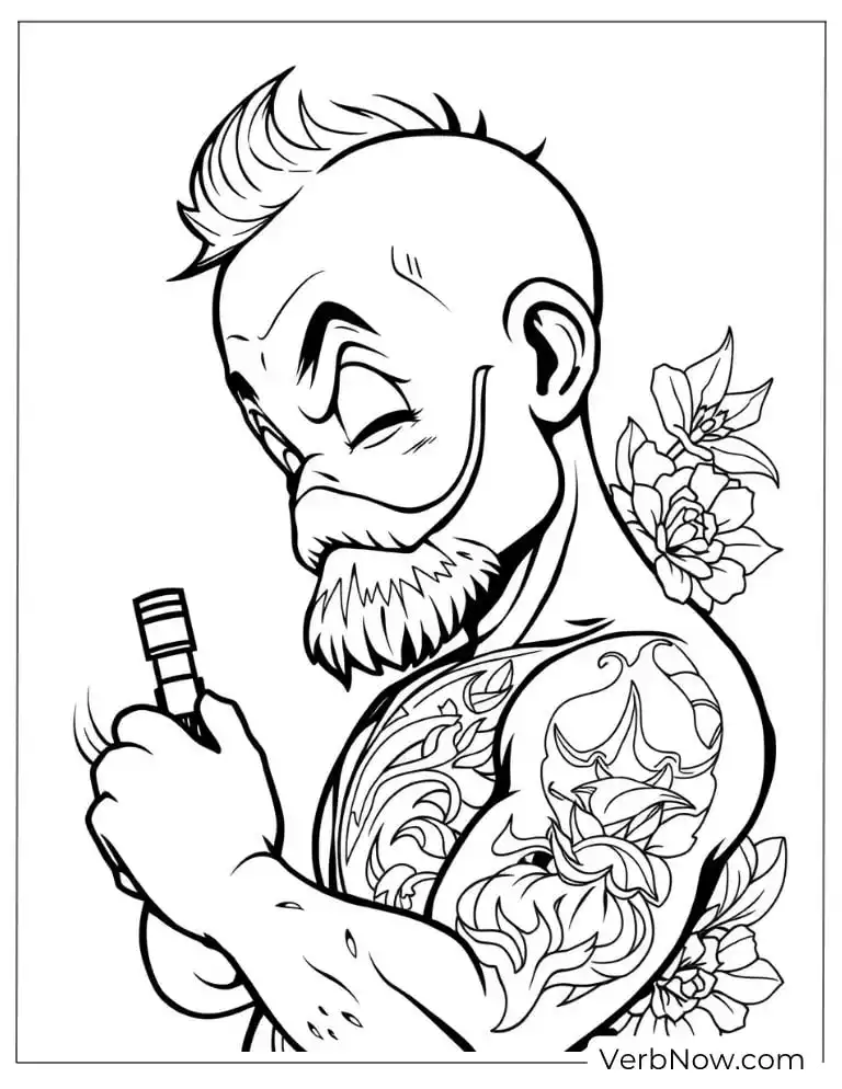 A man examining tattoo tools with arm tattoos