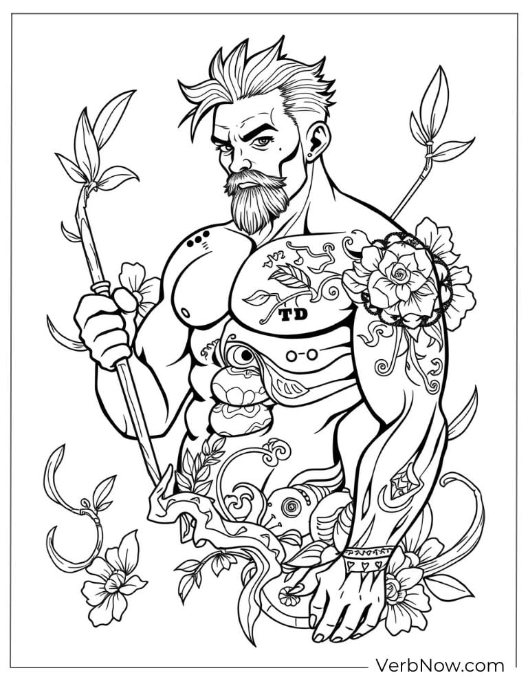 Shirtless man with floral tattoos holding a branch
