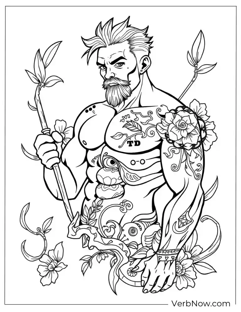Shirtless man with floral tattoos holding a branch