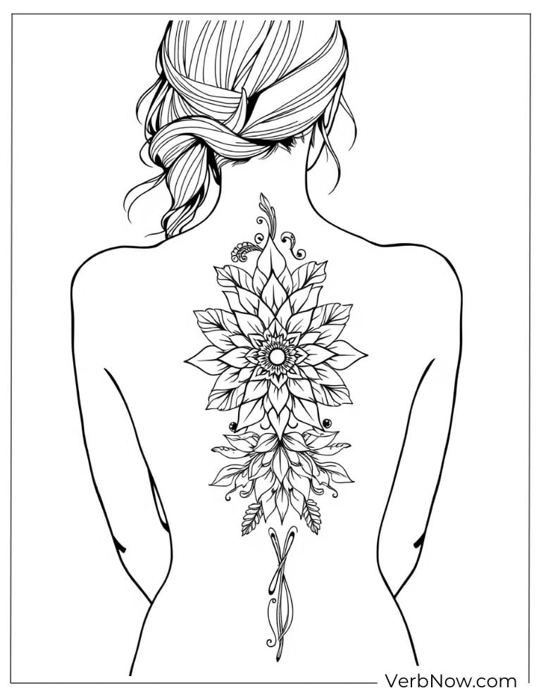 A woman’s back tattoo featuring a large floral mandala