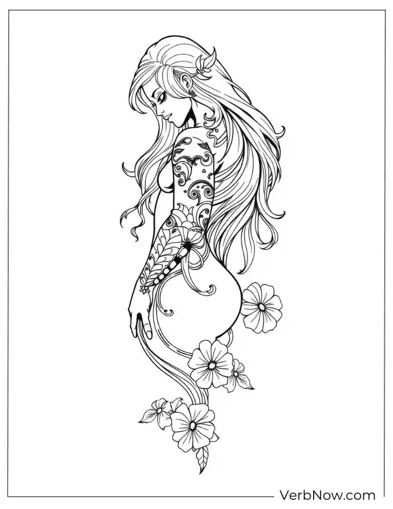 Woman with flowing hair and floral tattoos on arm
