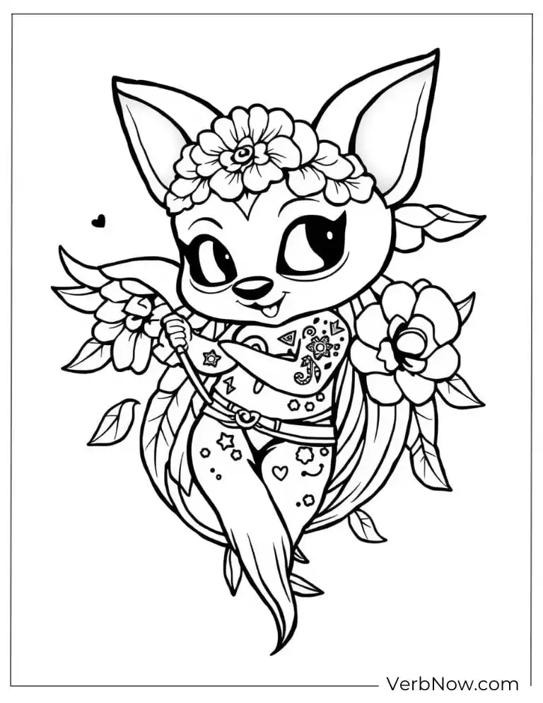 A cute fox with floral tattoos and decorative details