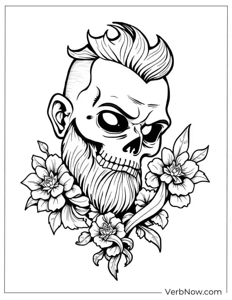 Skull with styled hair and floral tattoos