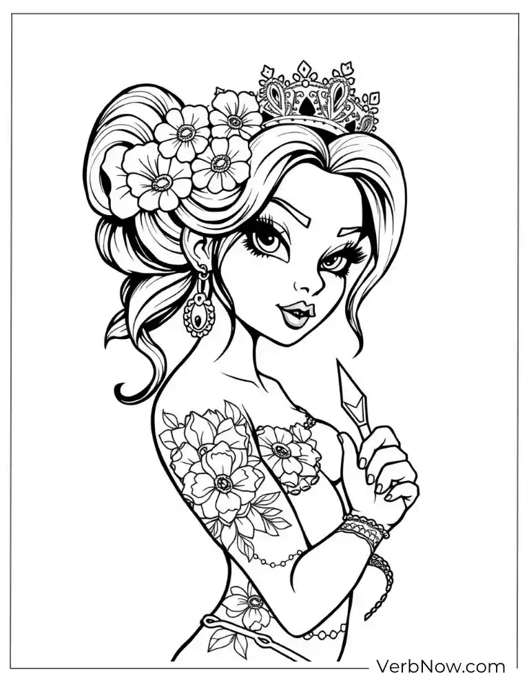 A woman with floral tattoos wearing a crown