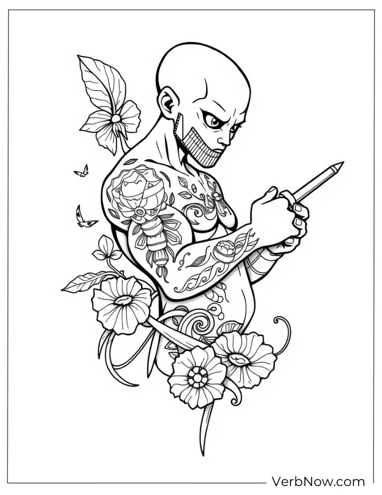 Muscular man with floral tattoos holding a knife