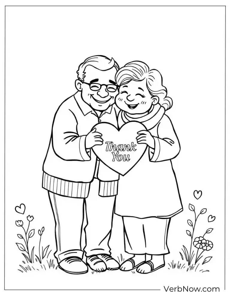Elderly couple holding a heart-shaped “Thank You” sign