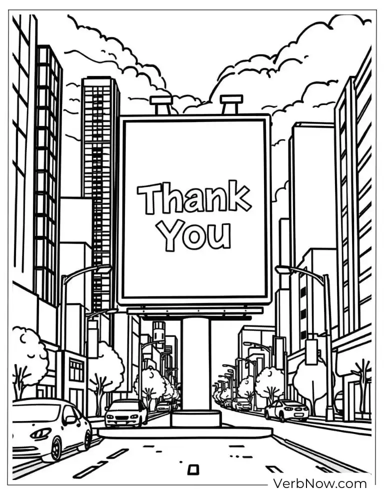 22 Free Thank You Coloring Pages (100% Printable PDF) A city billboard displaying “Thank You"