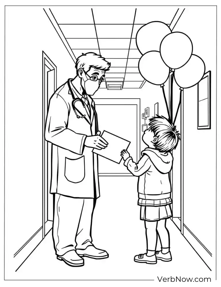22 Free Thank You Coloring Pages (100% Printable PDF) Doctor receiving thanks from a child with balloons