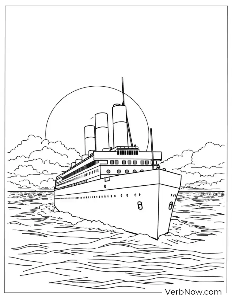 The Titanic sailing at sunset on the ocean