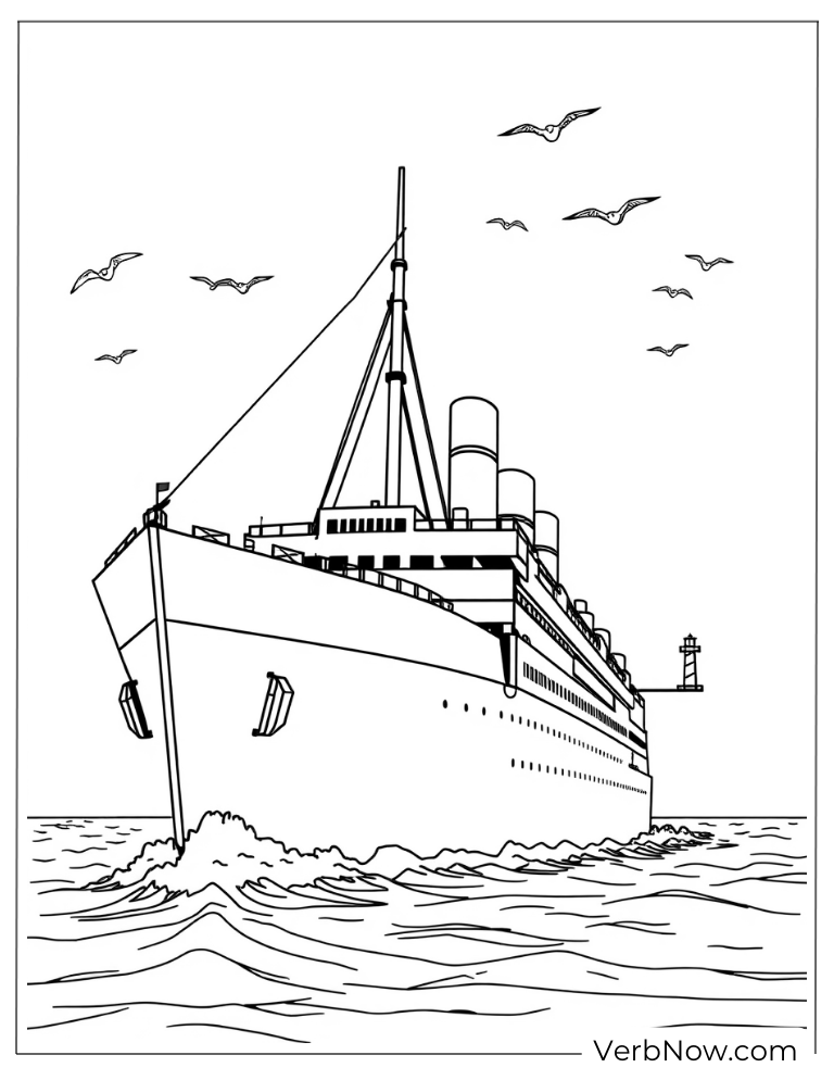 The Titanic sailing with seagulls flying around