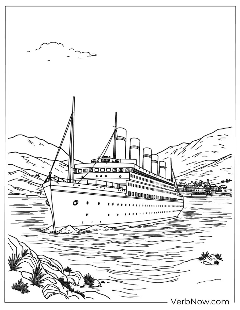 The Titanic sailing near the shore with mountains behind
