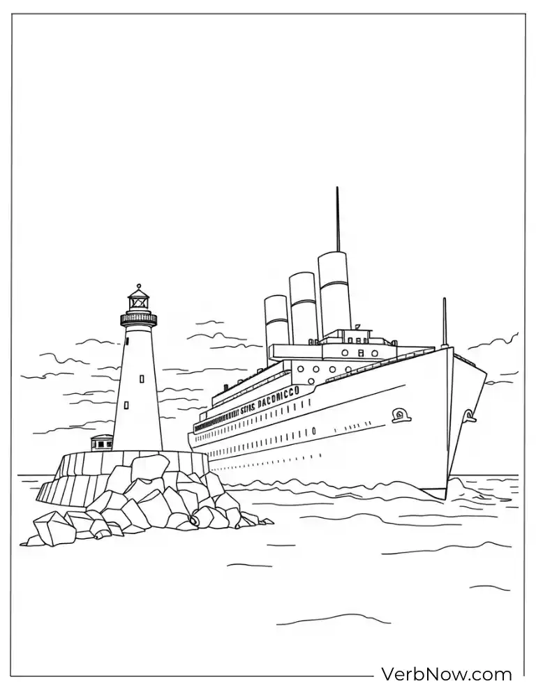 The Titanic passing by a lighthouse on the coast
