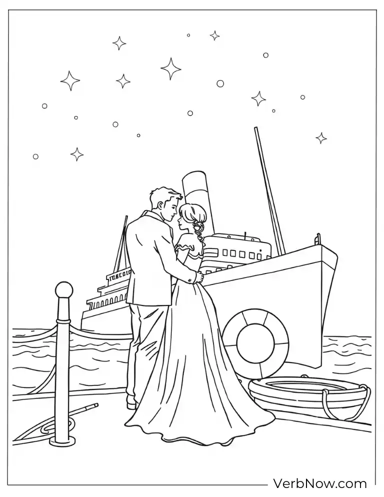 22 Amazing Titanic Coloring Pages (100% Printable PDF) A couple embracing near the Titanic at the dock