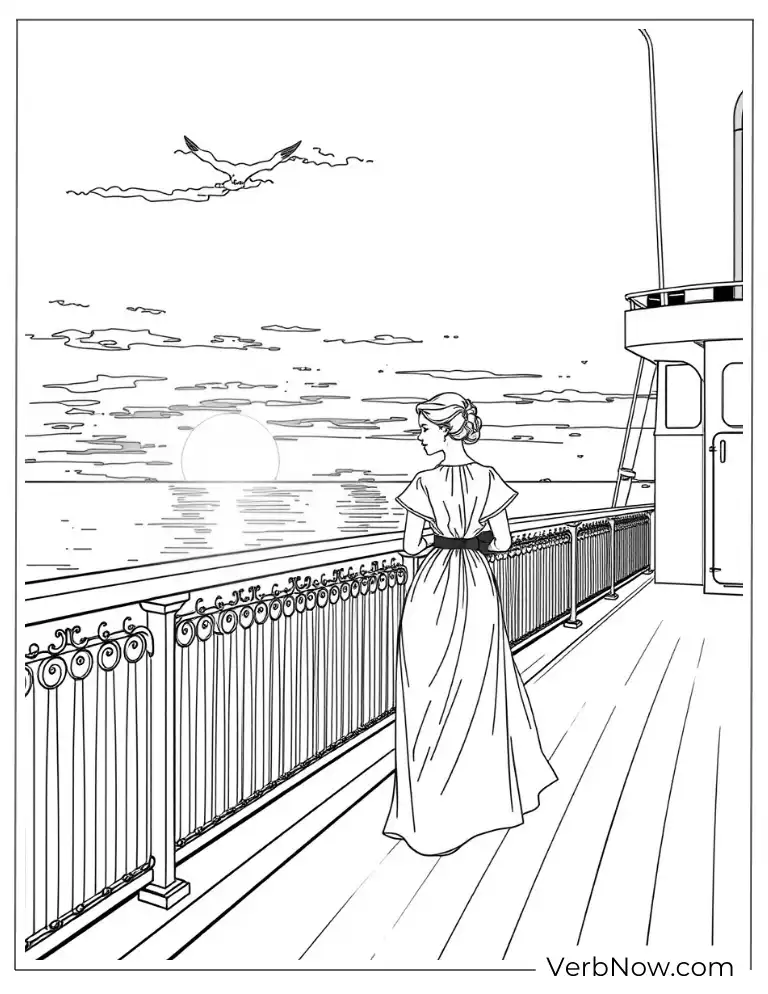 22 Amazing Titanic Coloring Pages (100% Printable PDF) A woman standing alone on the ship's deck