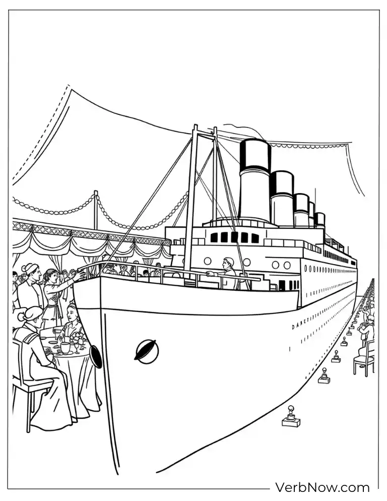 The Titanic docked with people dining nearby