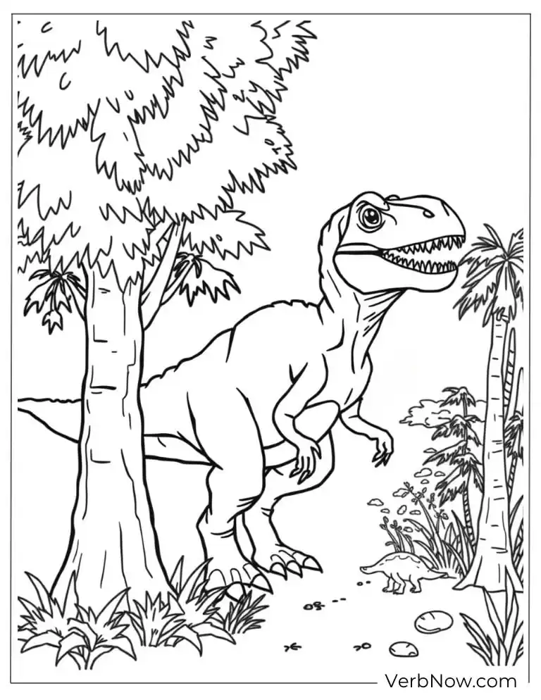 Velociraptor sneaking behind a tree in the jungle