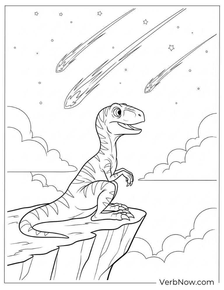Velociraptor sitting on a rock watching meteors fall