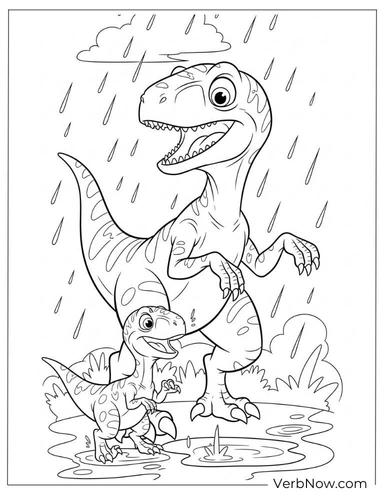 Velociraptor cuddling with a baby dino in the rain