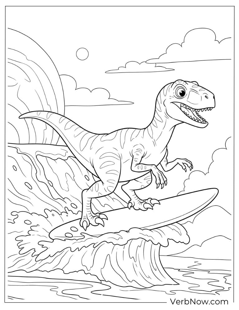 Velociraptor surfing on ocean waves