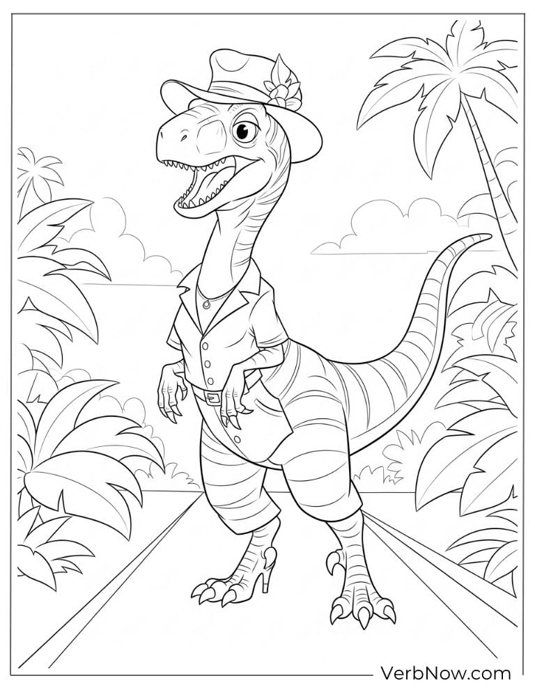 Explorer velociraptor wearing a hat on an adventure